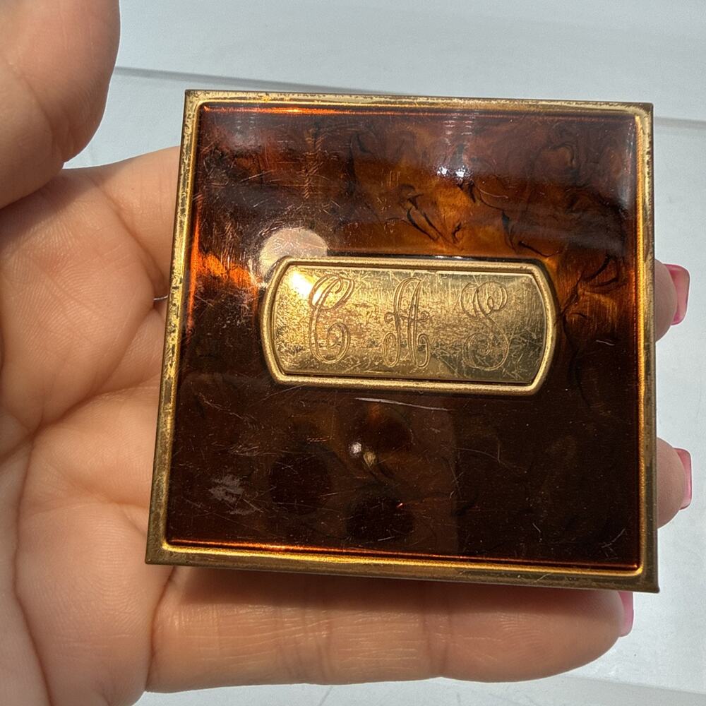 Vintage Brass Powder Compact with Mirror Faux Tortoise Shell Engraved CAS